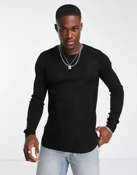 Черный трикотажный джемпер в рубчик с круглым вырезом ASOS DESIGN