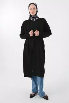 Черный трикотажный кардиган с поясом, разрезами по бокам и карманами ALL DAY