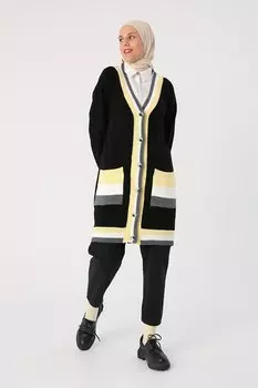 Черный трикотажный кардиган в полоску с v-образным вырезом и карманами ALL DAY