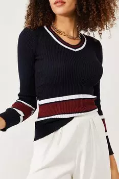 Черный трикотажный свитер в полоску 3KXK3-46539-02 XHAN