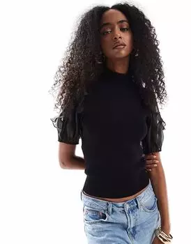 Черный трикотажный топ French Connection Kristine с рукавами из органзы