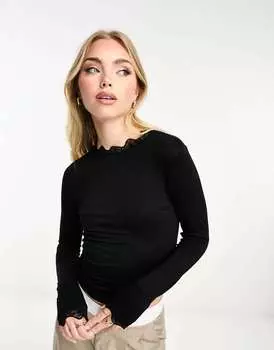 Черный трикотажный топ с длинными рукавами и кружевной отделкой Vero Moda