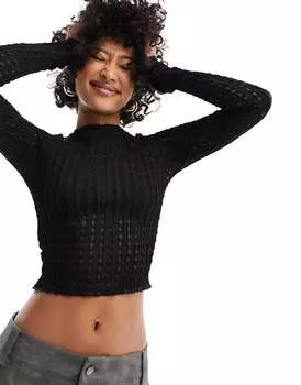 Черный трикотажный топ с длинными рукавами в мятую клетку Motel