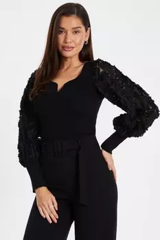 Черный трикотажный топ с рукавами QUIZ Clothing
