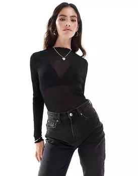 Черный трикотажный топ Vero Moda с длинными рукавами и ребристой отделкой
