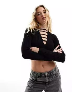 Черный трикотажный топ в рубчик с кружевной отделкой Bershka