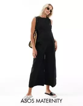 Черный твиловый комбинезон без рукавов с широкими штанинами ASOS DESIGN Maternity