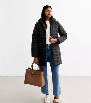 Черный удлиненный пуховик с капюшоном New Look, черный