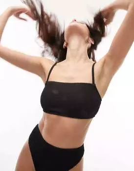 Черный укороченный бикини-топ с жатым квадратным вырезом и квадратным вырезом Topshop