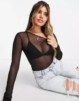 Черный укороченный сетчатый топ с длинными рукавами ASOS