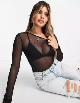Черный укороченный сетчатый топ с длинными рукавами ASOS DESIGN