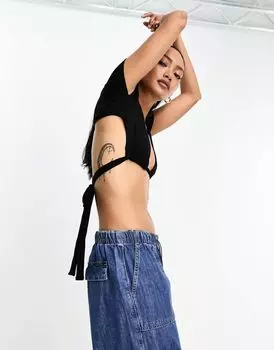 Черный укороченный топ ASOS со сборками и завязками