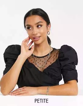 Черный укороченный топ из сетки добби со сборками и рукавами River Island