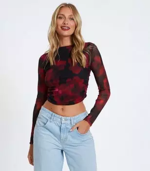 Черный укороченный топ из сетки с цветочным принтом QUIZ QUIZ, черный