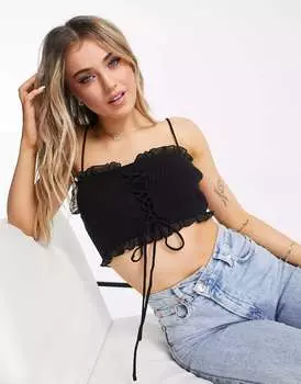 Черный укороченный топ на бретельках с завязками Gilli спереди