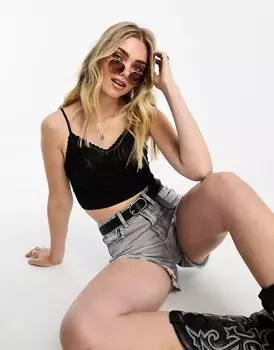 Черный укороченный топ на бретельках с вязаным крючком на груди ASOS