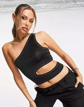 Черный укороченный топ на одно плечо с декоративной отделкой и вырезами ASOS