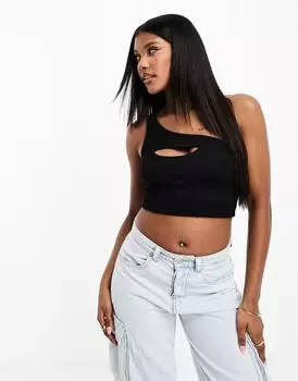 Черный укороченный топ на одно плечо с вырезом ASOS