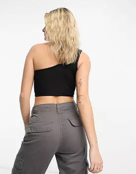 Черный укороченный топ на одно плечо с двойными бретелями Pull&Bear