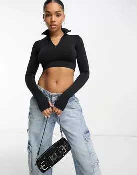 Черный укороченный топ с длинными рукавами Pull&Bear в четверть секунды — часть комплекта