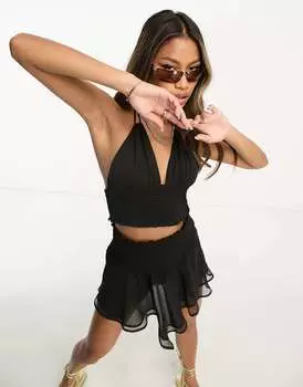 Черный укороченный топ с глубоким вырезом и сборками ASYOU