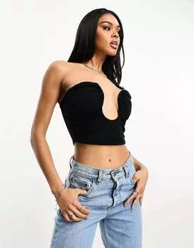 Черный укороченный топ с изогнутой отделкой и глубоким вырезом ASOS