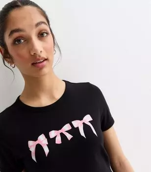 Черный укороченный топ с короткими рукавами и принтом с бантом для девочек New Look, черный