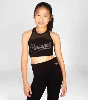 Черный укороченный топ с логотипом и стразами в сеточку Pineapple Girls Pineapple, черный
