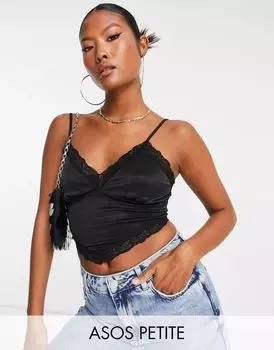 Черный укороченный топ с V-образным краем и кружевной отделкой ASOS DESIGN Petite
