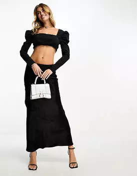 Черный укороченный топ со сборками и пышными рукавами ASOS DESIGN