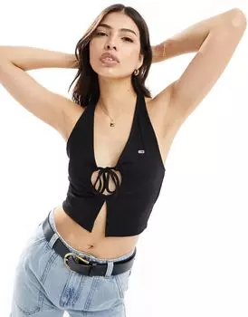 Черный укороченный топ в рубчик с бретельками Tommy Hilfiger