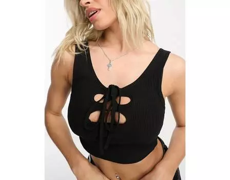 Черный укороченный топ в рубчик со шнуровкой спереди ASOS DESIGN Hourglass