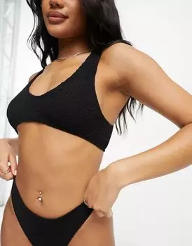 Черный укороченный узкий топ бикини с жатым овальным вырезом ASOS Amy