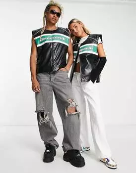 Черный унисекс мотокроссовый жилет из искусственной кожи с зеленой отделкой COLLUSION