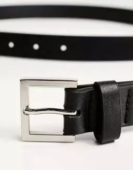 Черный узкий ремень из искусственной кожи с серебряной пряжкой ASOS DESIGN