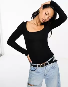 Черный узкий вязаный топ с длинными рукавами и круглым вырезом ASOS DESIGN