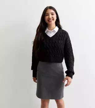 Черный вязаный джемпер с V-образным вырезом для девочек New Look, черный