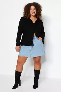 Черный вязаный кардиган больших размеров Trendyol