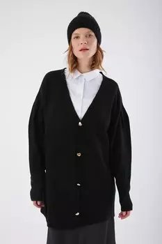 Черный вязаный кардиган на пуговицах в форме сердца с V-образным вырезом ALL DAY