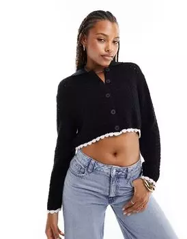 Черный вязаный кардиган в полоску с открытой структурой ASOS