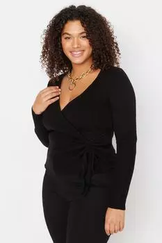 Черный вязаный свитер с v-образным вырезом и присборками Trendyol