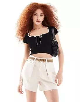 Черный вязаный топ Bershka с контрастной окантовкой и завязкой спереди