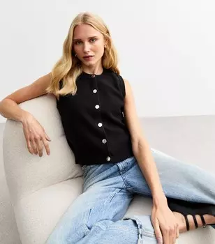 Черный вязаный топ на пуговицах с круглым вырезом New Look, черный