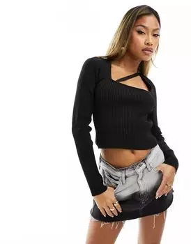 Черный вязаный топ с овальным вырезом и ремешком ASOS