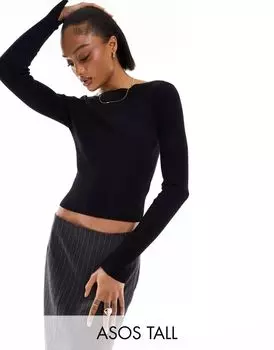 Черный вязаный топ с вырезом-лодочкой с длинными рукавами ASOS DESIGN Tall