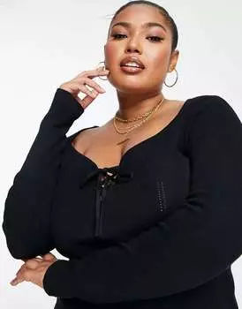 Черный вязаный топ с вырезом в форме сердца и шнуровкой спереди ASOS DESIGN Curve
