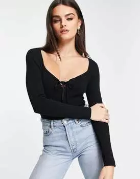 Черный вязаный топ с вырезом в форме сердца и шнуровкой спереди ASOS