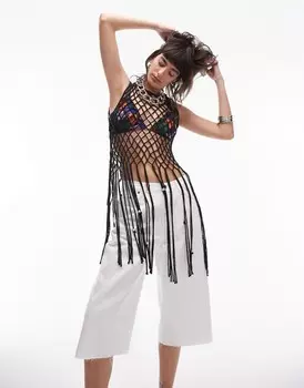 Черный вязаный топ Topshop с асимметричной бахромой и люверсами