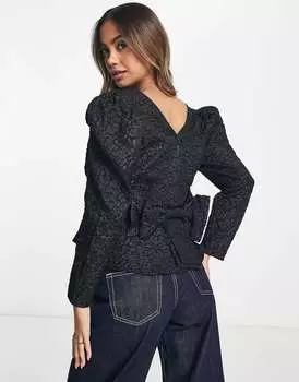 Черный жаккардовый топ с бантом на спине и длинными рукавами Y.A.S