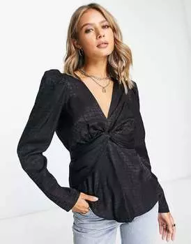 Черный жаккардовый топ с пышными плечами River Island